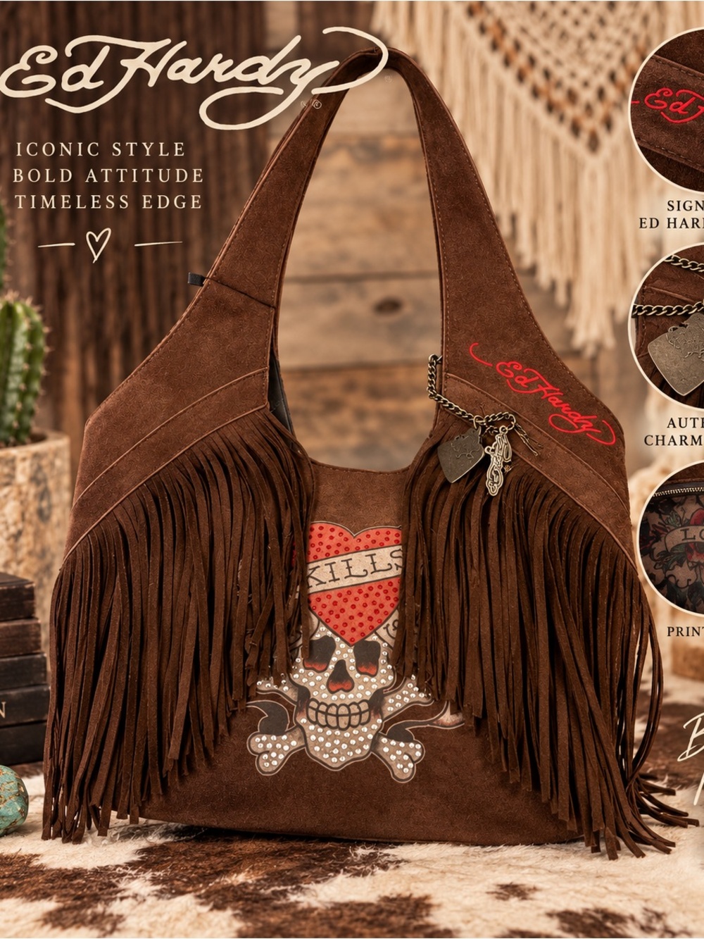 Ed Hardy Brown Suede Fringe Shoulder Bag with Skull Heart Patch
